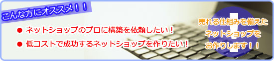 こんな方にオススメ！！ ● ネットショップのプロに構築を依頼したい！　● 低コストで成功するネットショップを作りたい！　売れる仕組みを備えたネットショップをお作りします！！