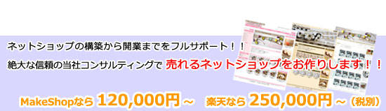 ネットショップの構築から開業までをフルサポート！！ 絶大な信頼の当社コンサルティングで売れるネットショップをお作りします！！　MakeShopなら120,000円～ 楽天なら250,000円～