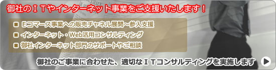 御社のＩＴやインターネット事業をご支援いたします！　■Ｅコマース事業への販売チャネル展開～参入支援　■インターネット・Web活用コンサルティング　■御社インターネット部門のサポートやご相談　御社のご事業に合わせた、適切なＩＴコンサルティングを実施します